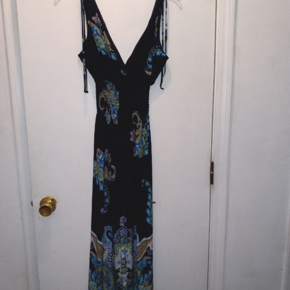 Snap, V neck, V back, dark blue, multi-colored floral midi dress, Large